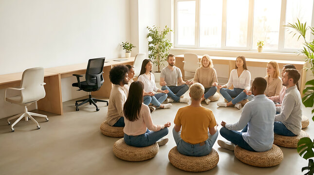 Diverse Group Meditation Session Mental Health in the Workplace