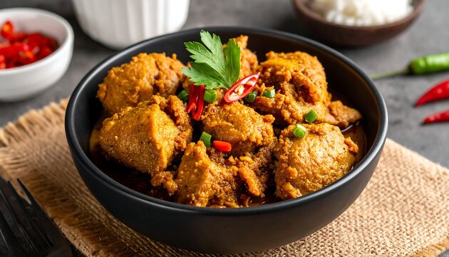A steaming bowl of spicy meat dish garnished with herbs