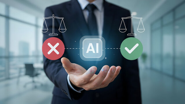 Businessman's hand holding AI symbol with scales of justice concept for ethical decision making during technology implementation