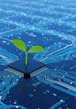 A vibrant green sprout emerges from a black microchip set within a glowing blue circuit board landscape representing a futuristic habitat, abstract, data, eco-friendly
