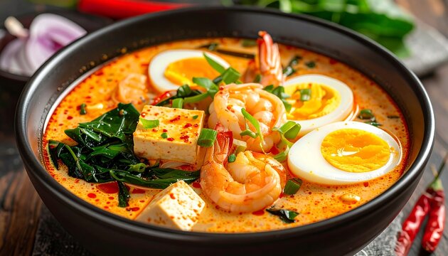 A steaming bowl of spicy soup with shrimp, eggs, tofu, and greens