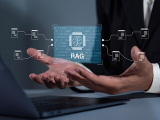 Fototapeta premium The concept of augmented data generation using Requestment-Augmented Generation (RAG) involves extracting organizational knowledge, analyzing documents with AI, and intelligently summarizing data.