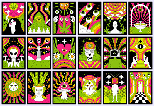 Psychedelic Surreal Poster Collection with Groovy Cosmic Eyes and Retro Pop Art Illustrations