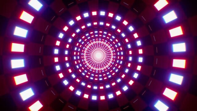 A digital backdrop featuring a checkered pattern circle visual with high-contrast red and blue lights.