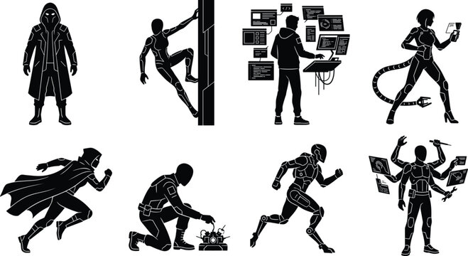 Cyberpunk Agents Hackers and Futuristic Spies Black Silhouette Vector Illustration Set