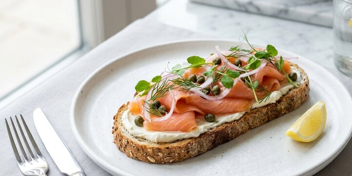 Smoked salmon on toasted artisan bread with cream cheese and capers