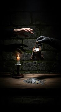 A clandestine exchange of silver coins occurs in a dark stone chamber with long shadows and soft candlelight creating a sense of treachery, religious, antique, dramatic