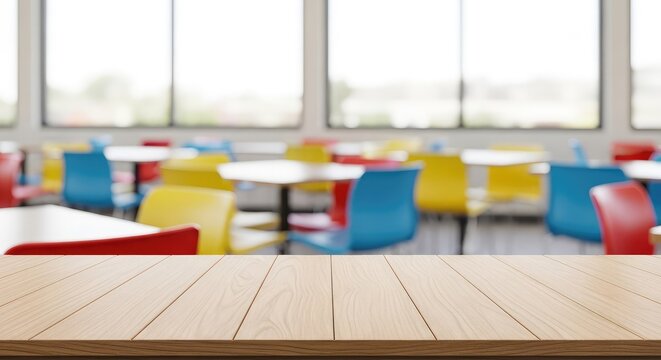 A clean empty wooden table surface stands in the foreground of a bright blurred cafeteria with colorful chairs and large windows in back, bright, school, design