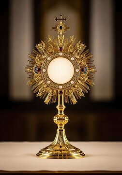 A detailed golden monstrance holds a white consecrated host, displayed on an altar with soft lighting highlighting the ornate metalwork, glowing, grace, worship