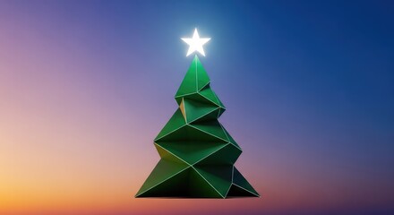 Obraz premium A minimalist geometric Christmas tree features sharp triangular shapes under a bright glowing star against a vibrant, multi-colored sky, illustration, future, style