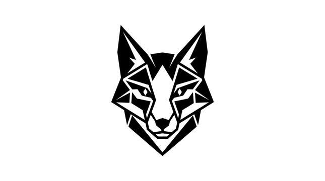 Geometric illustration of a fox's face in black and white with sharp lines and angles.