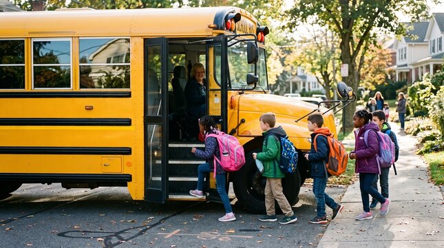 Diverse group of elementary school children with backpacks boarding a yellow school bus on a sunny autumn day