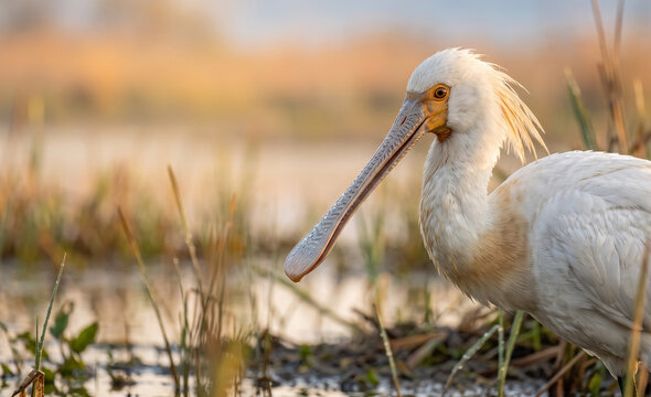 Extreme Close-Up of a Eurasian Spoonbill (Platalea leucorodia) in Natural Wetlands