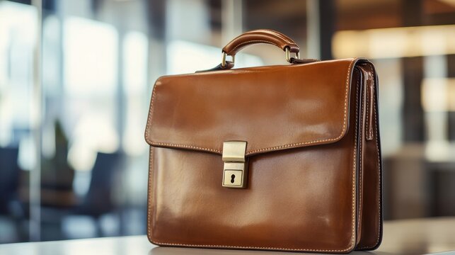 Premium classic leather briefcase standing on a desk inside a modern blurred corporate office background