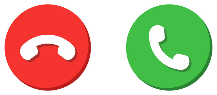 Accept and decline call buttons with green and red circular icons. Flat vector illustration. Modern phone interface symbol for mobile apps, communication, contact, dialing, and telecom projects.