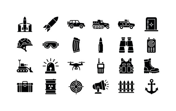 Security Armament Kit. Solid glyph icon set of defense tools and battlefield hardware: missile silo, rocket warhead, armored jeep, half-track vehicle, troop carrier, bunker door, camouflage helmet,