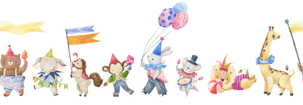 Watercolor circus animals seamless horizontal border