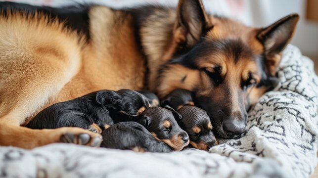 Loving German shepherd mother dog resting comfortably and caring for her newborn puppies on a soft blanket