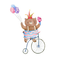 Watercolor Cute Bear Riding Circus Unicycle © Ilona
