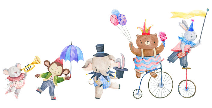 Watercolor Circus Animals Performing Various Tricks