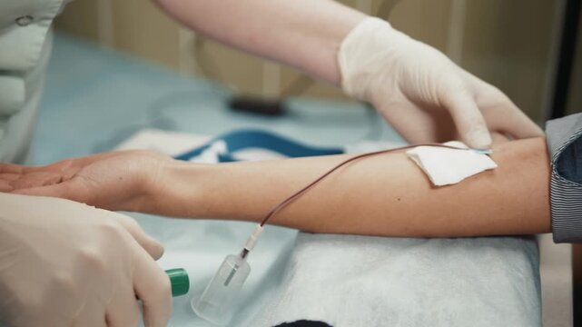 Medical Procedure: A close-up of a medical professional in sterile gloves drawing blood from a patient's arm, showcasing a vital step in healthcare.