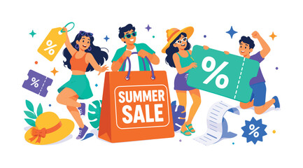 Fototapeta premium Summer Sale wide panoramic website header banner with 3 expressive stylized shoppers holding oversized shopping bag and giant percent coupon spanning the full canvas, with price tag, folded coupon,