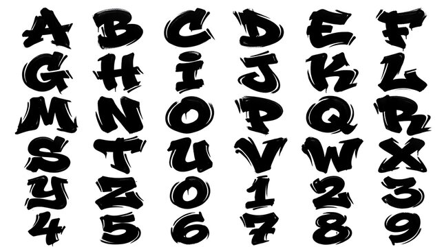 Bold graffiti style lettering and numerals in a hand-drawn brush stroke typeface design for creative projects