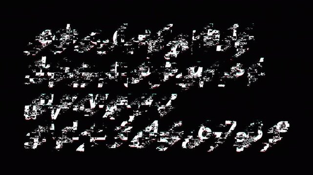 Alphabet text animation from a to z with glitch effect on transparent background, glitch text  alphabet  animated text from A to Z with alpha channel in 4k