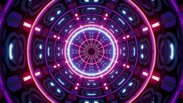 A repeating light tunnel decorated with red and blue patterned tiles