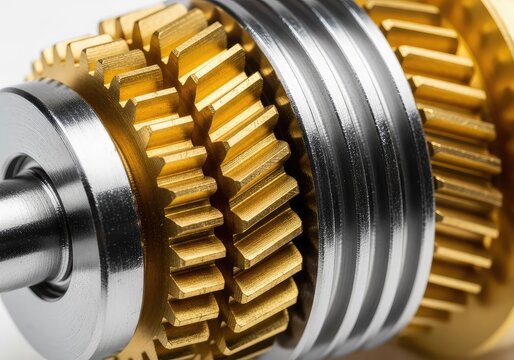 Macro view of interlocking brass gears and polished cogs within a mechanical attenuator, highlighting precise metalwork and golden textures, assembly, interlocking, workshop