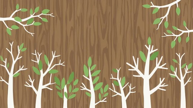 Stylized Trees with Green Leaves against a Brown Wood Grain Texture Background
