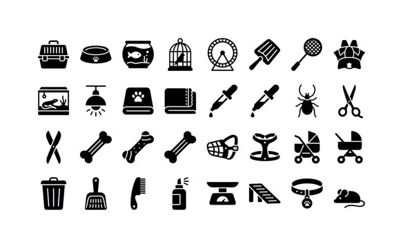 Animal Service Marks. Solid glyph icon set of pets and animal care: pet crate, feeding mat, fish tank, bird cage, hamster wheel, aquarium net, reptile terrarium, heat lamp, pet blanket, medicine