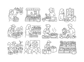 Obraz premium Fruits Vegetables Outline Icons. Fruits Vegetables Outline Icons collection of 12 scenes: fruit picking, vegetable market, salad preparation, healthy diet planning, farm harvesting, grocery shopping,