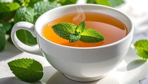 A steaming cup of herbal tea garnished with fresh mint leaves on a white surface