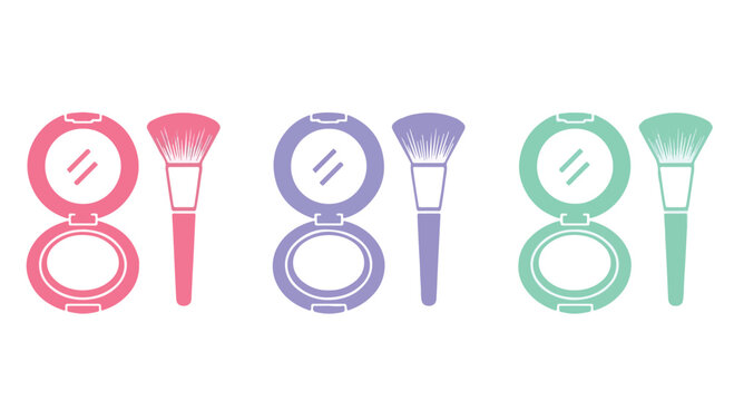 Colorful makeup brushes, compacts, and cosmetic tools illustrated in soft pastel tones.