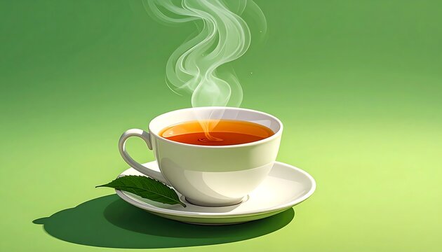 A steaming cup of tea on a saucer against a green background