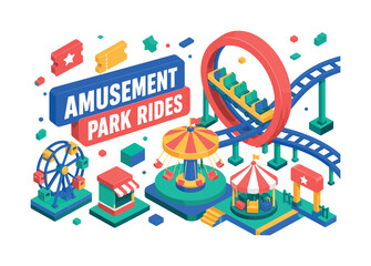 Naklejka premium Amusement Park Rides, oversized roller coaster loop with bold geometric depth, carnival platforms and floating ticket blocks, asymmetric editorial layout, coral and warm yellow with electric blue and