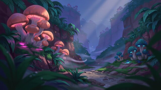 A magical forest scene with glowing mushrooms in a deep valley