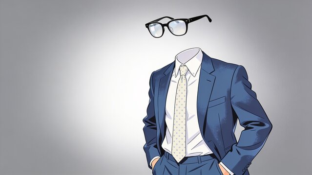 A man wearing a blue suit and glasses floating above his head confidently stands