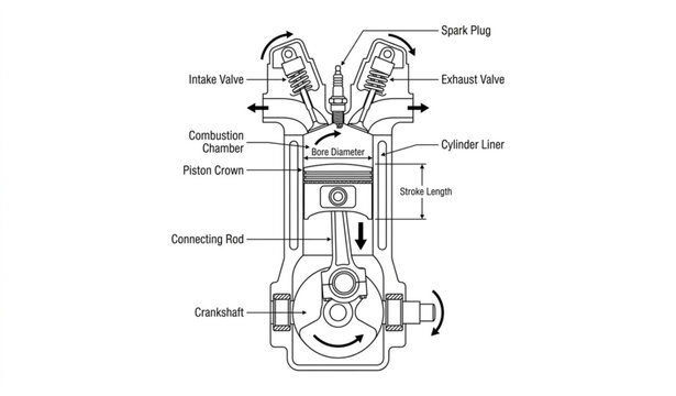 Mechanical car engine piston cross section vector line art illustration for technical engineering manual