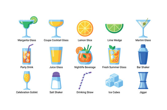 Margarita Cocktail Glass, bright flat vector icon set with 15 colorful isolated object icons showing margarita glass, cocktail glass, lemon slice, lime wedge, martini glass, party drink, juice glass,
