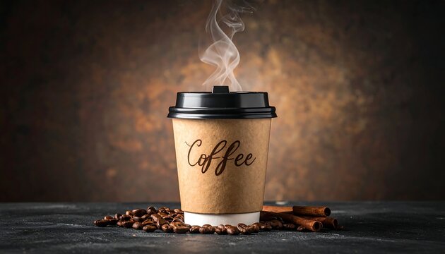 A steaming hot beverage cup on a brown background with coffee beans