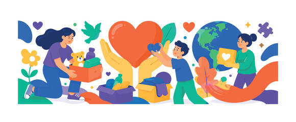 Fototapeta premium Kindness Compassion Support bright colorful flat vector banner, 3 expressive stylized characters sharing help around oversized heart, charity hands and community globe, visible faces, full canvas
