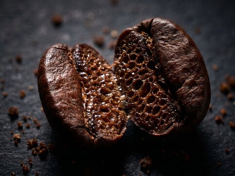 Extreme close-up of a dark roasted coffee bean cut in half with caffeine