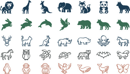 Scandinavian folk art animal icons vector set with Nordic style floral wildlife graphics for home decor prints © MdMoklesur