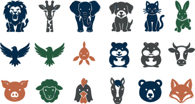 Minimalist animal icons vector set with wild farm and domestic pet silhouettes for logo design and web graphics