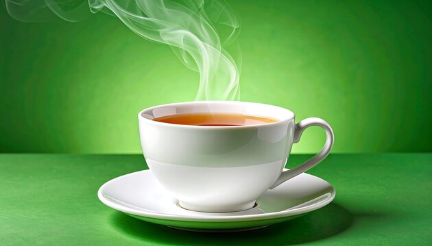 A steaming hot cup of tea on a saucer against a green background