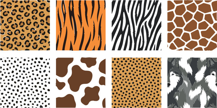 Seamless animal print pattern vector set with safari skins textures including leopard tiger zebra giraffe and cow spots
