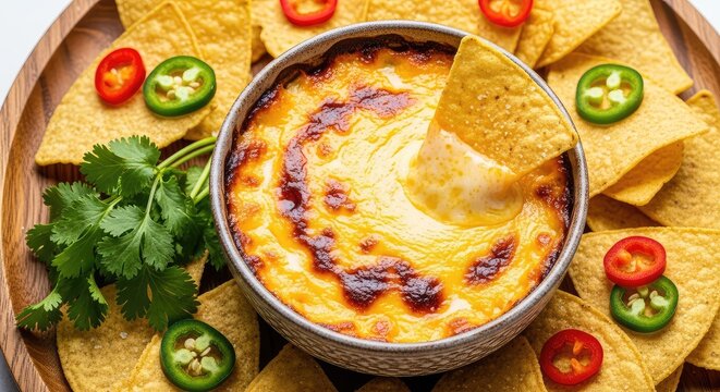 A warm, melted cheese dip sits in a ceramic bowl surrounded by crispy corn tortilla chips on a rustic wooden platter with fresh garnishes, gastronomy, tasty, corn