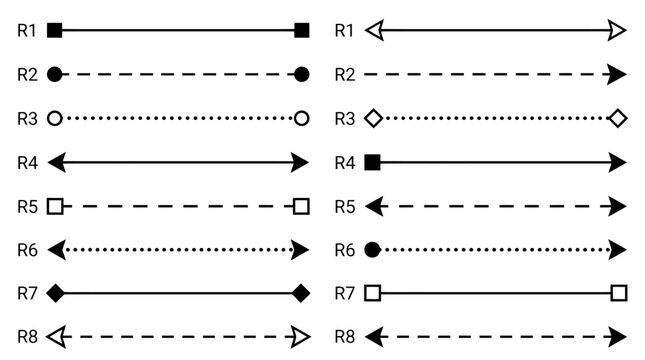 Minimalist technical line dividers set, 16 geometric arrow and border elements, black dashed and dotted vector lines for architectural blueprints